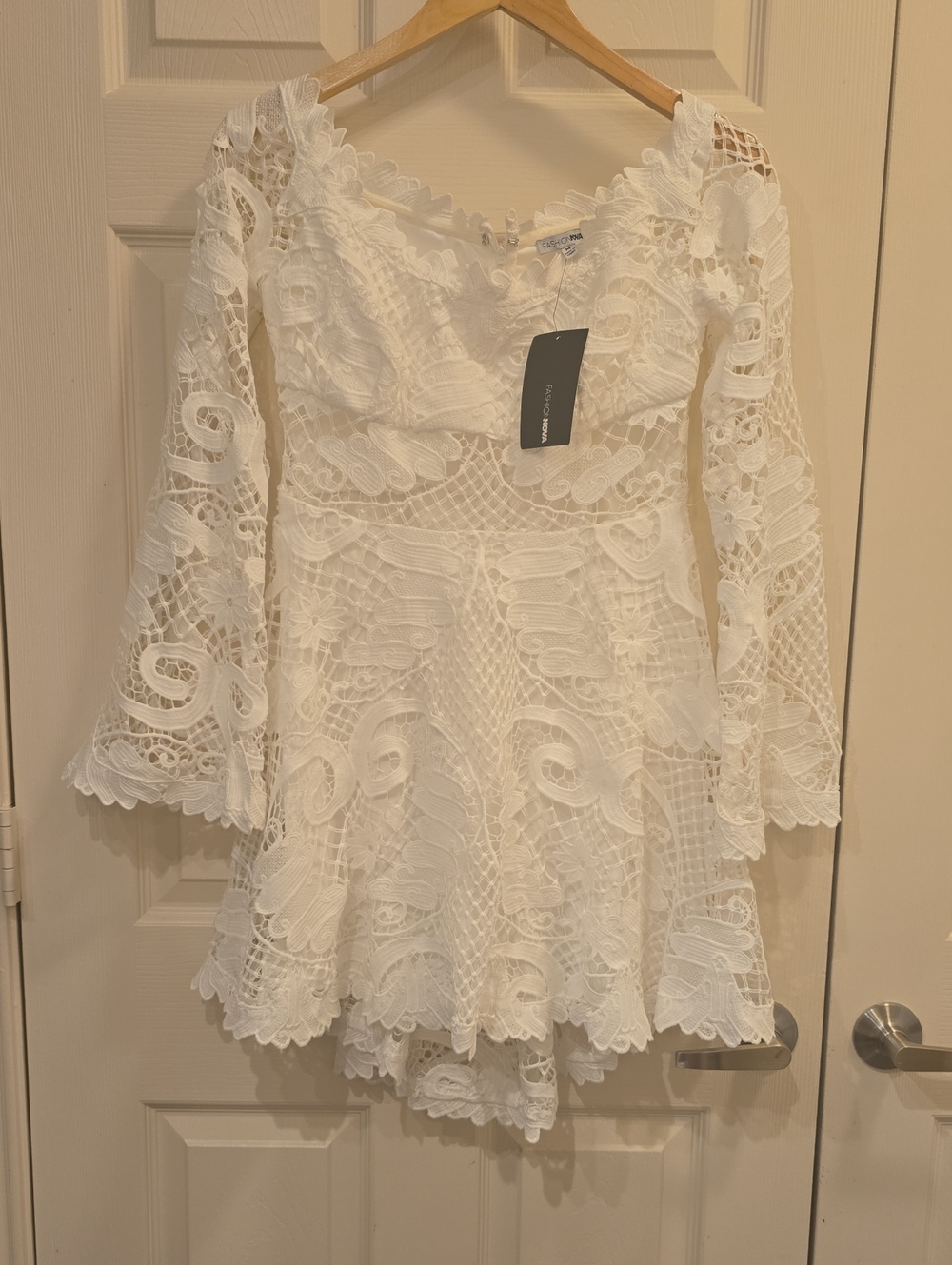 Fashion Nova White Lace Long Sleeve Fit & Flare Dress